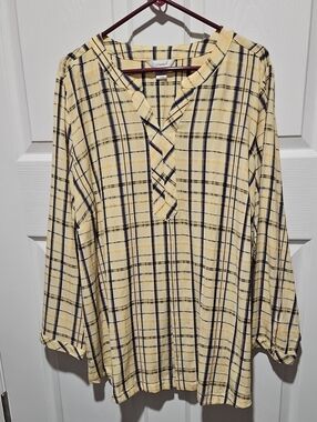 Women's Yellow Plaid Long-Sleeve V-Placket Blouse